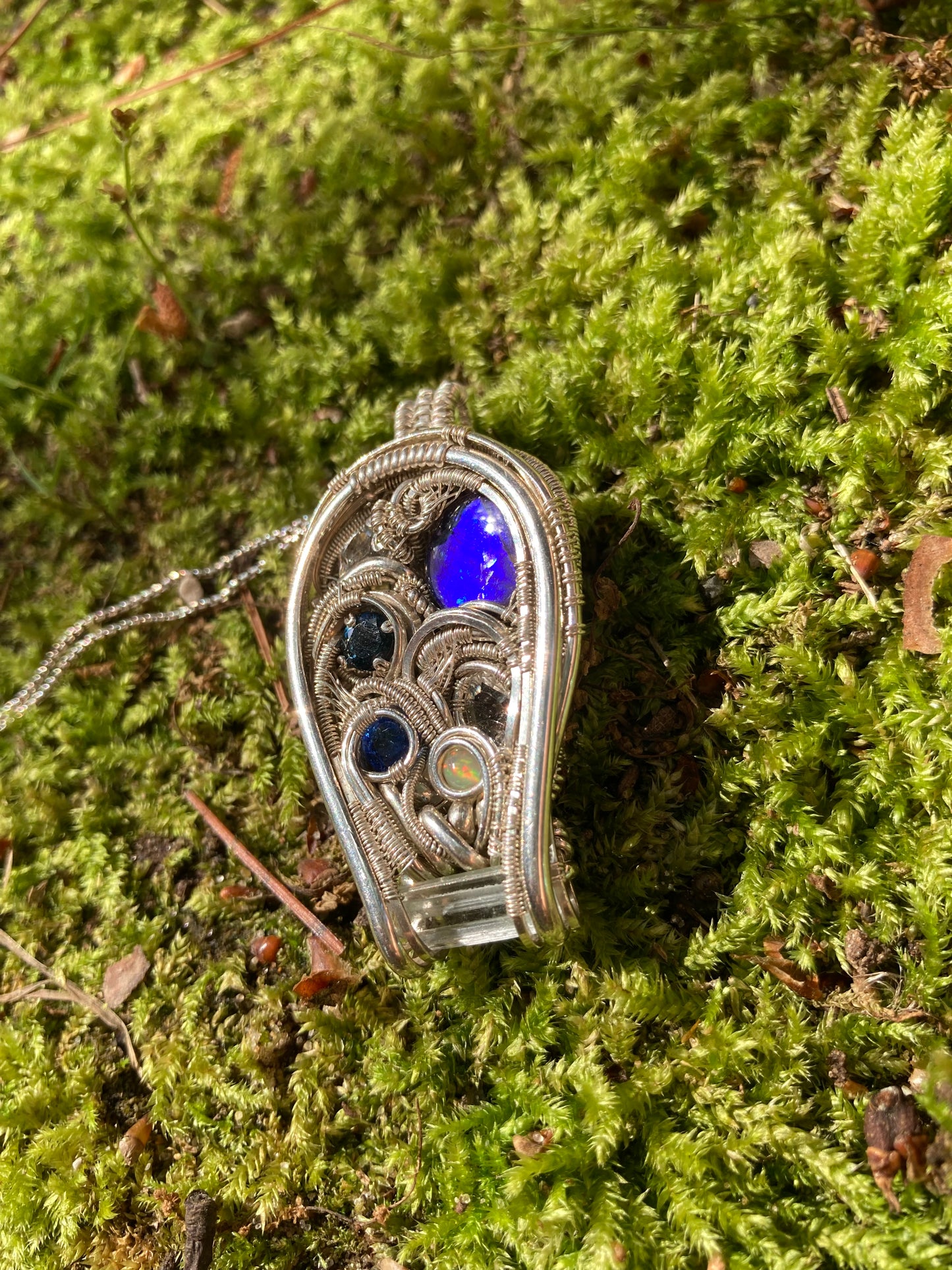 Silver Pendant W/ Ammolite, Kyanite, Quartz, Aquamarine, Topaz & Opal