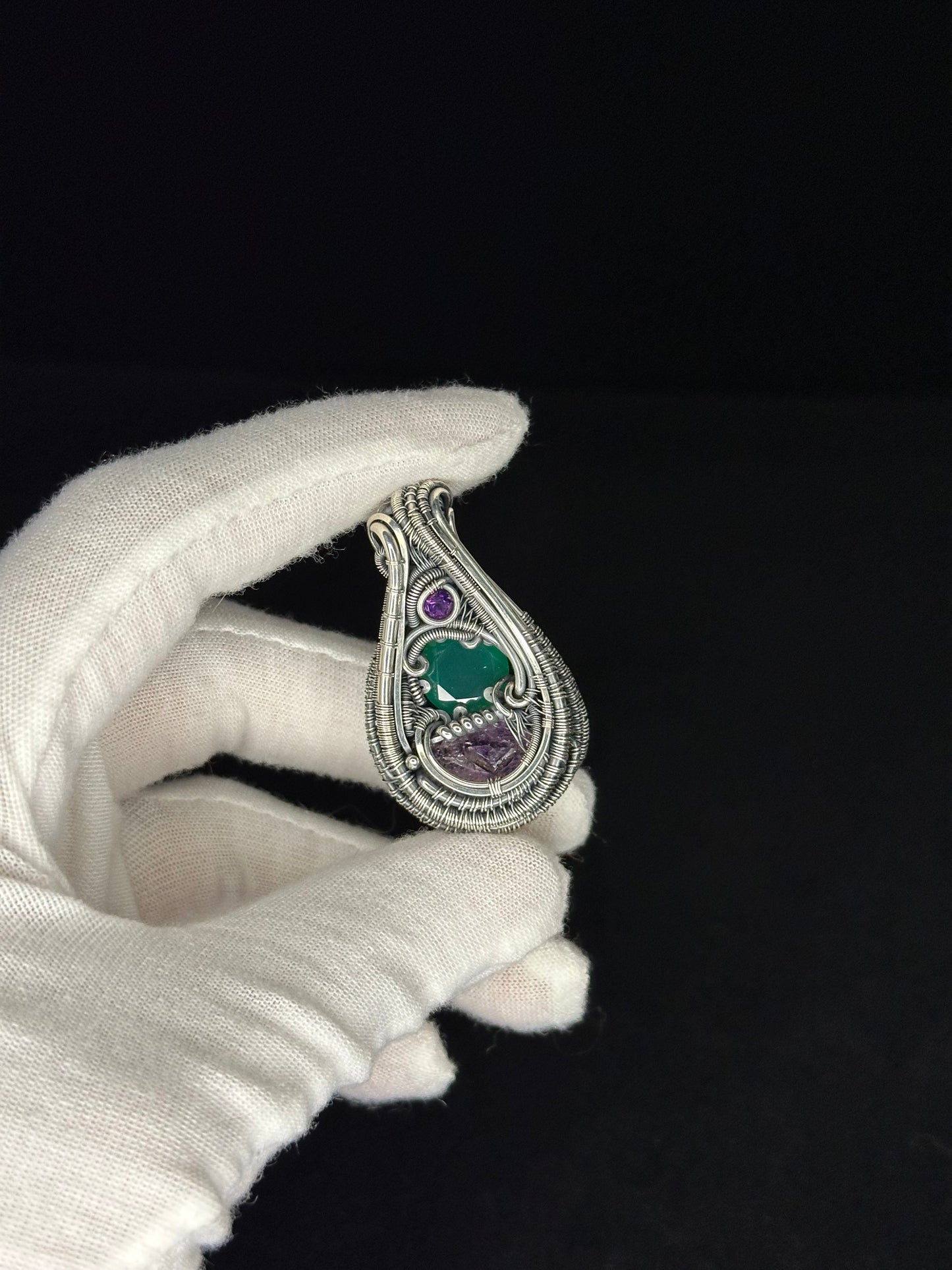 Oxidized Silver Pendant With Chrysoprase & Amethyst