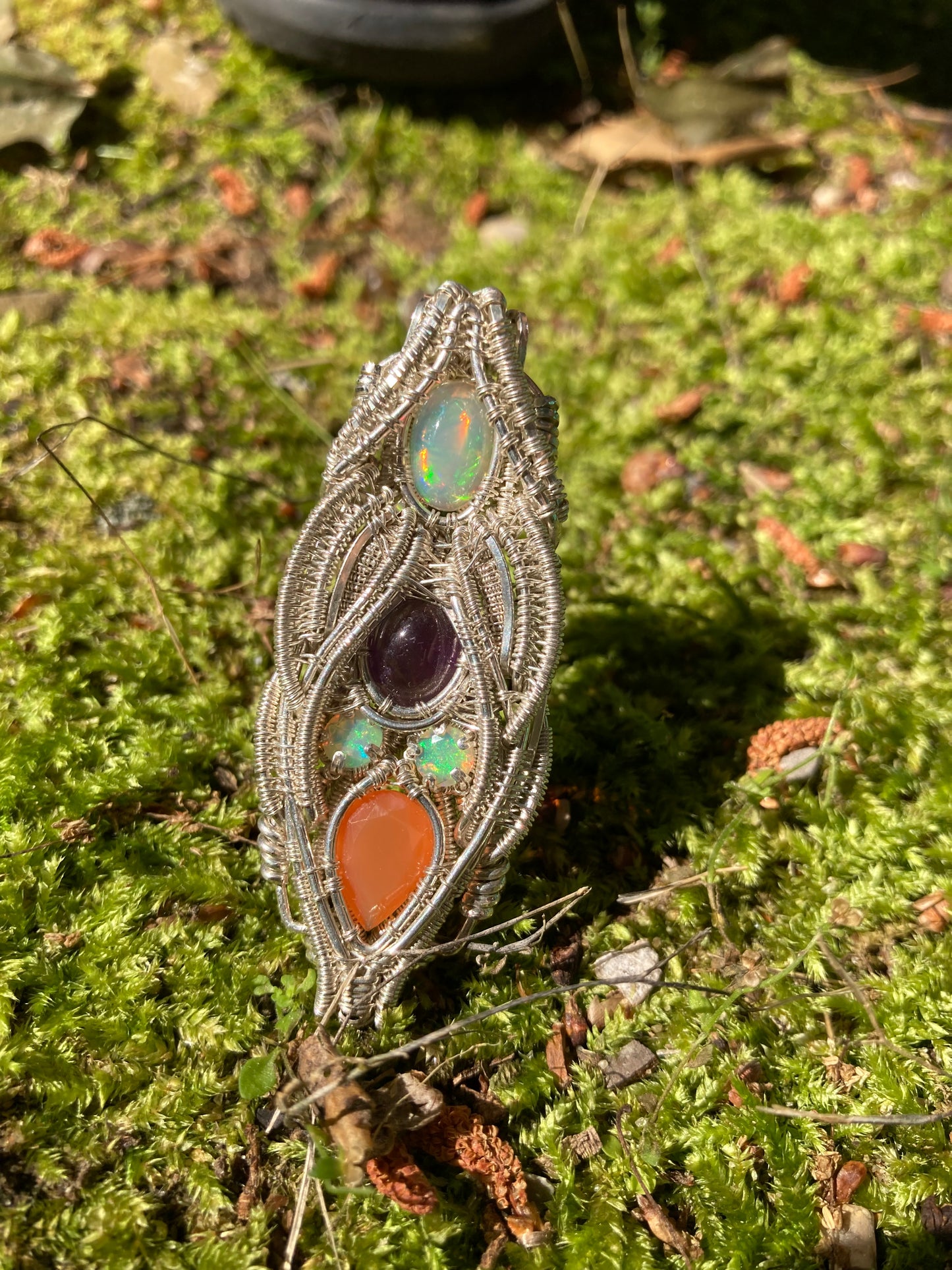 Silver Pendant W/ Welo Opal, Amethyst & Carnelian