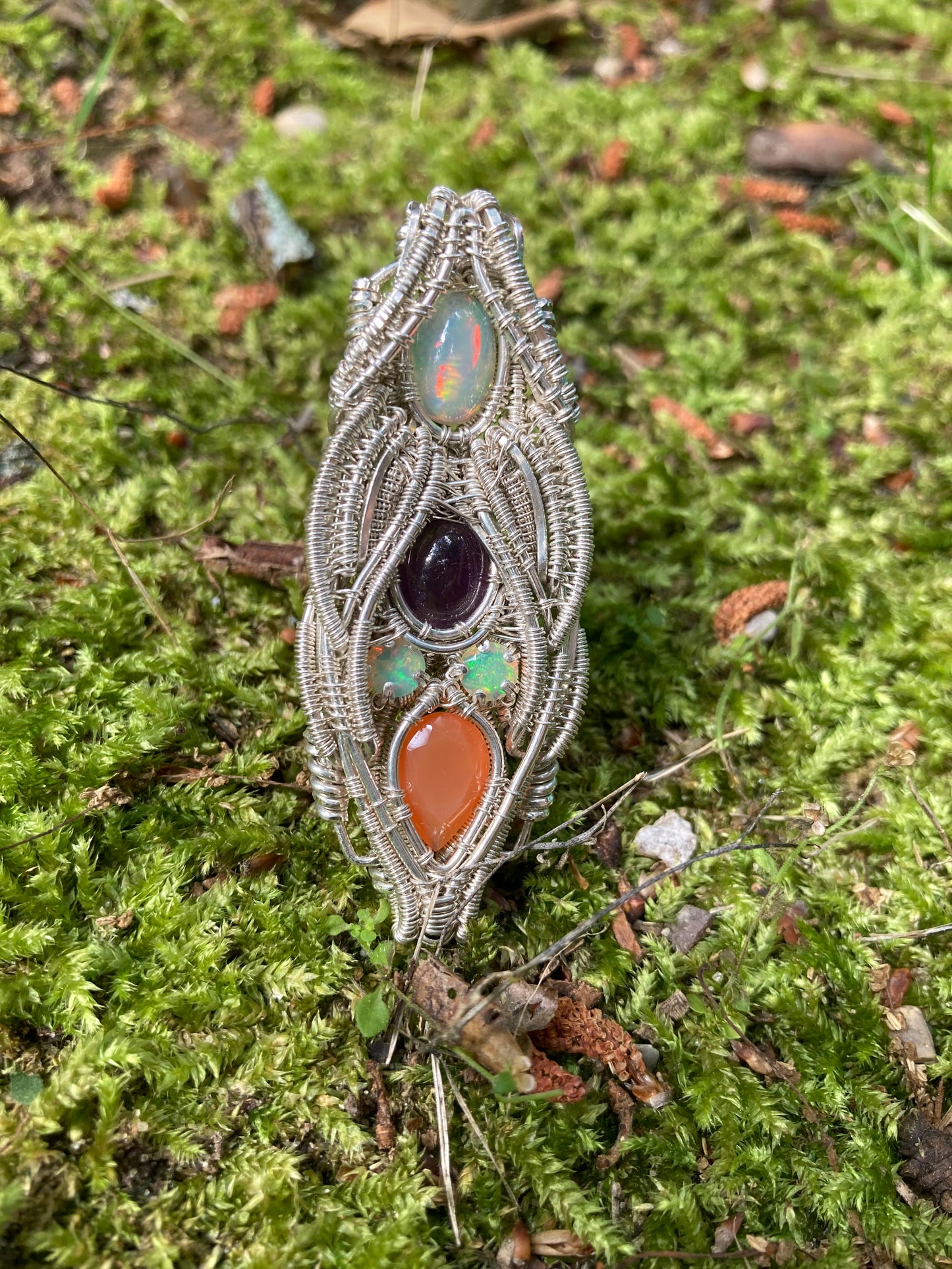 Silver Pendant W/ Welo Opal, Amethyst & Carnelian