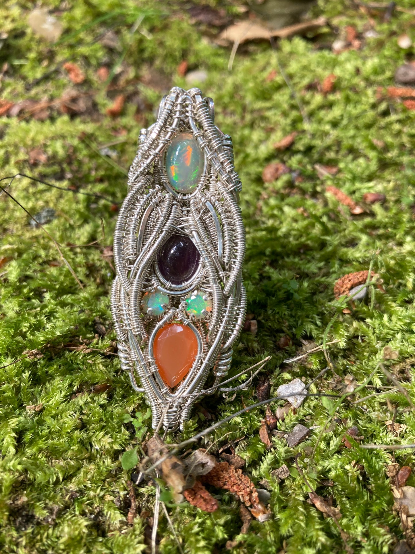 Silver Pendant W/ Welo Opal, Amethyst & Carnelian