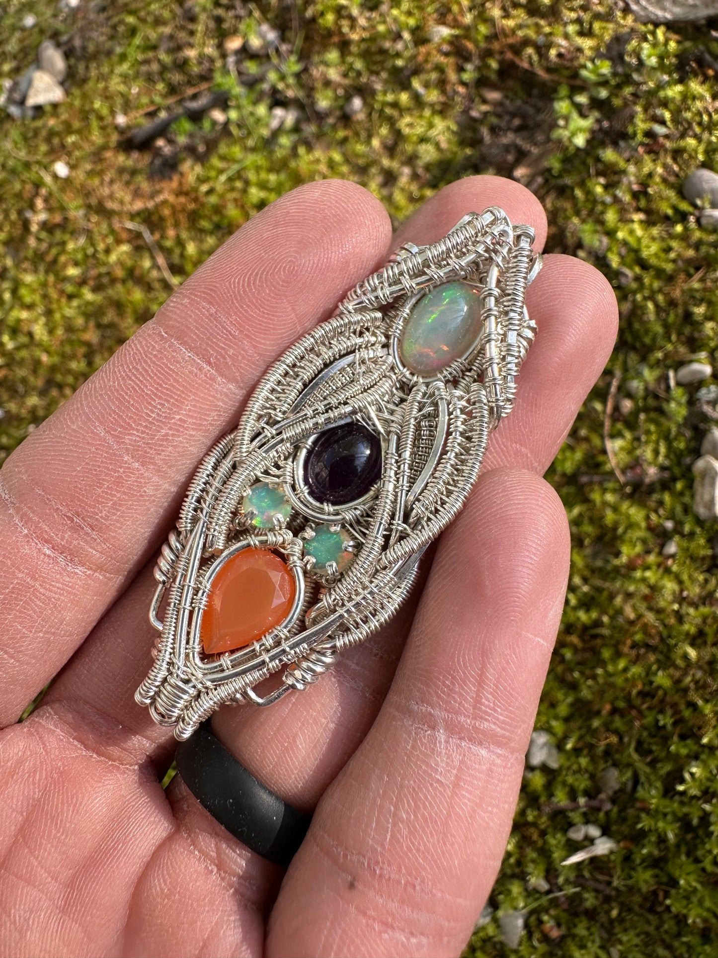 Silver Pendant W/ Welo Opal, Amethyst & Carnelian