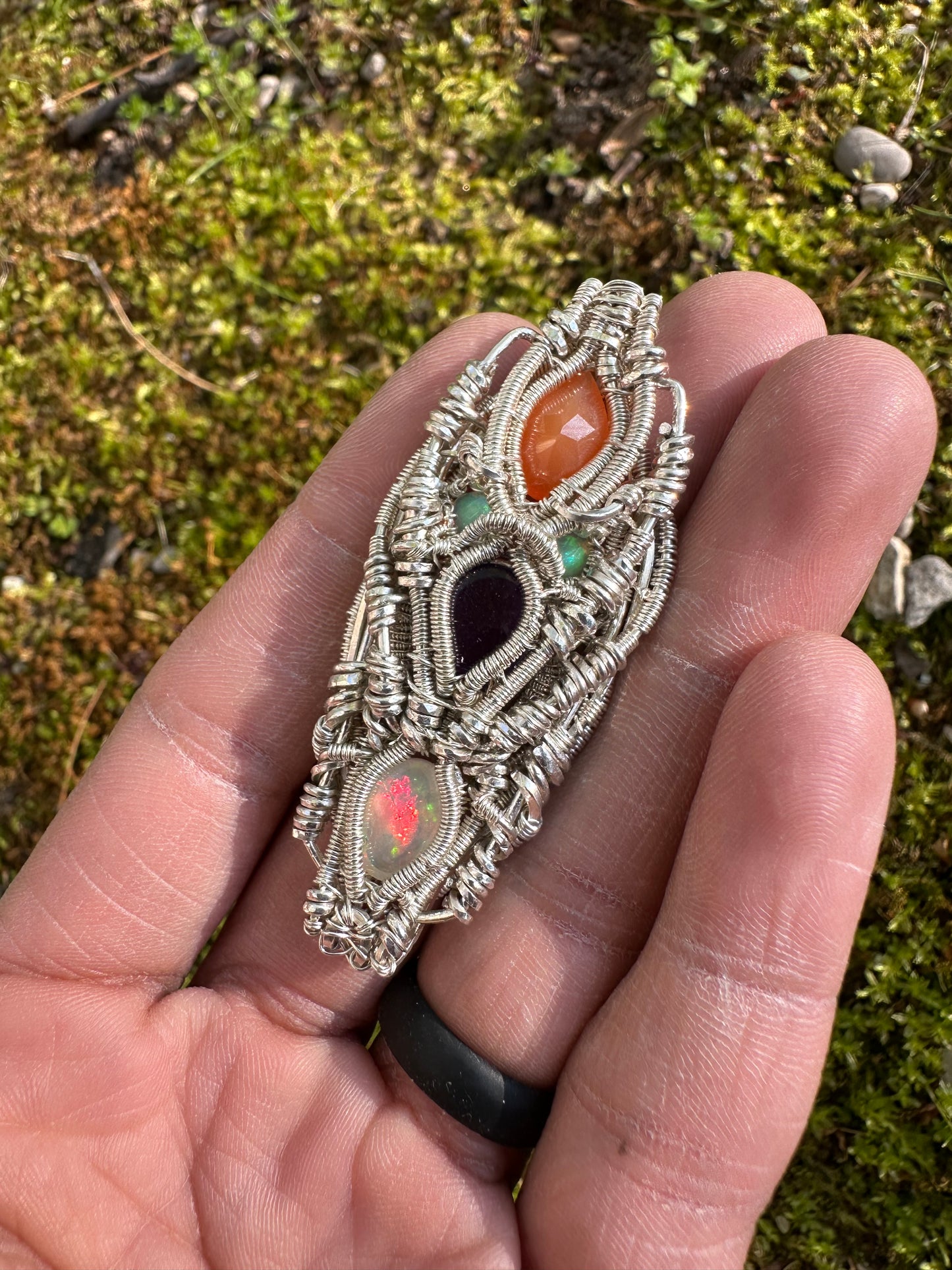 Silver Pendant W/ Welo Opal, Amethyst & Carnelian