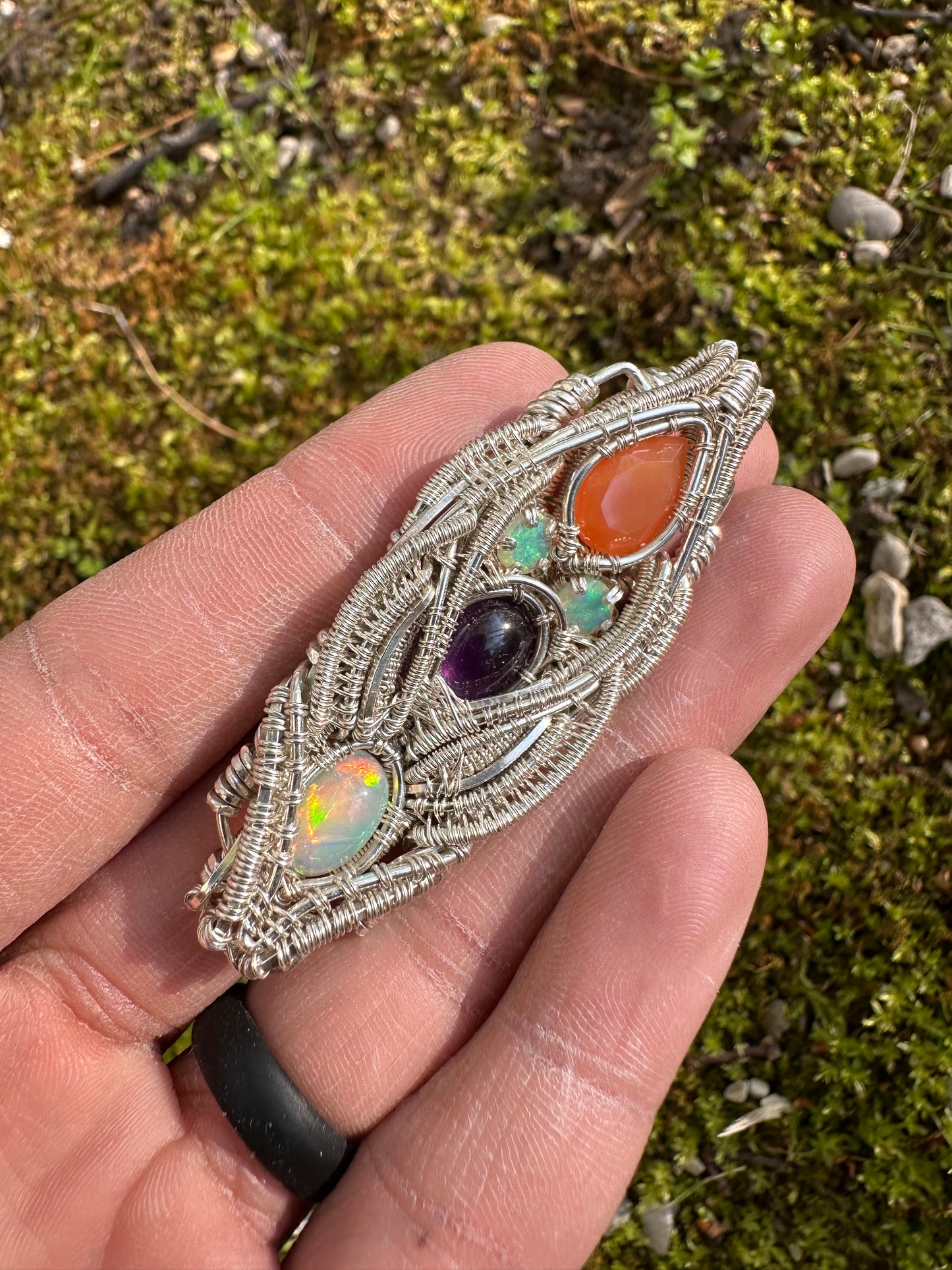 Silver Pendant W/ Welo Opal, Amethyst & Carnelian