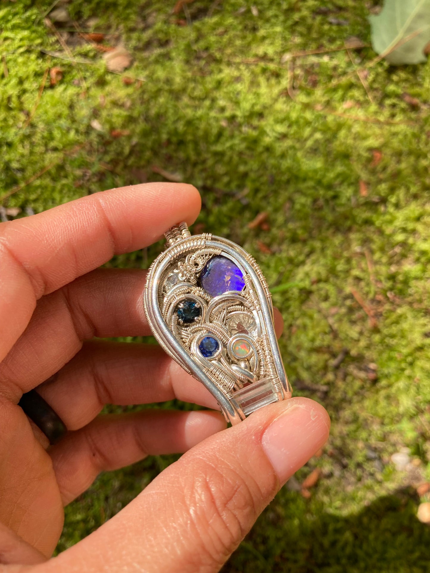 Silver Pendant W/ Ammolite, Kyanite, Quartz, Aquamarine, Topaz & Opal