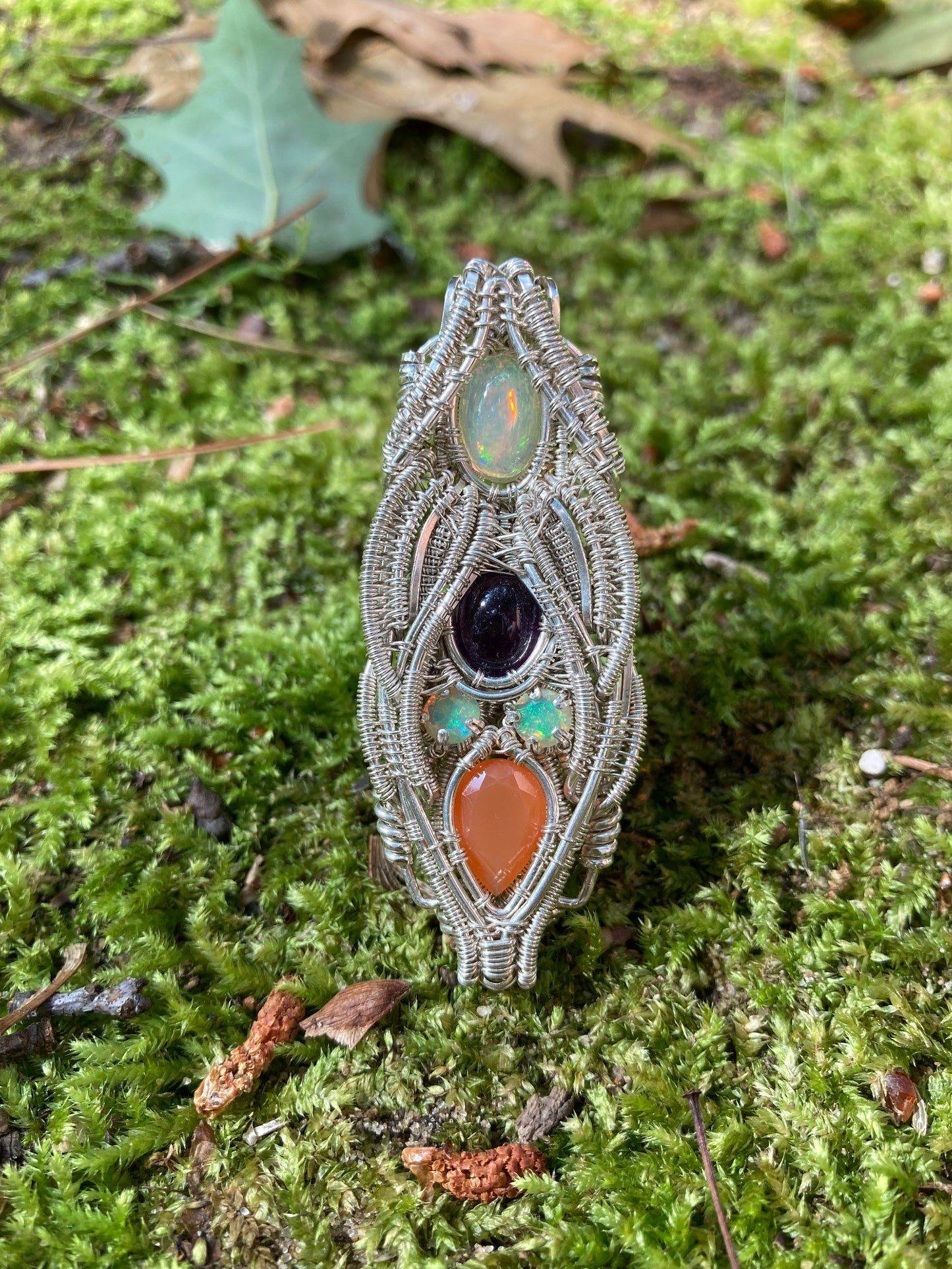 Silver Pendant W/ Welo Opal, Amethyst & Carnelian