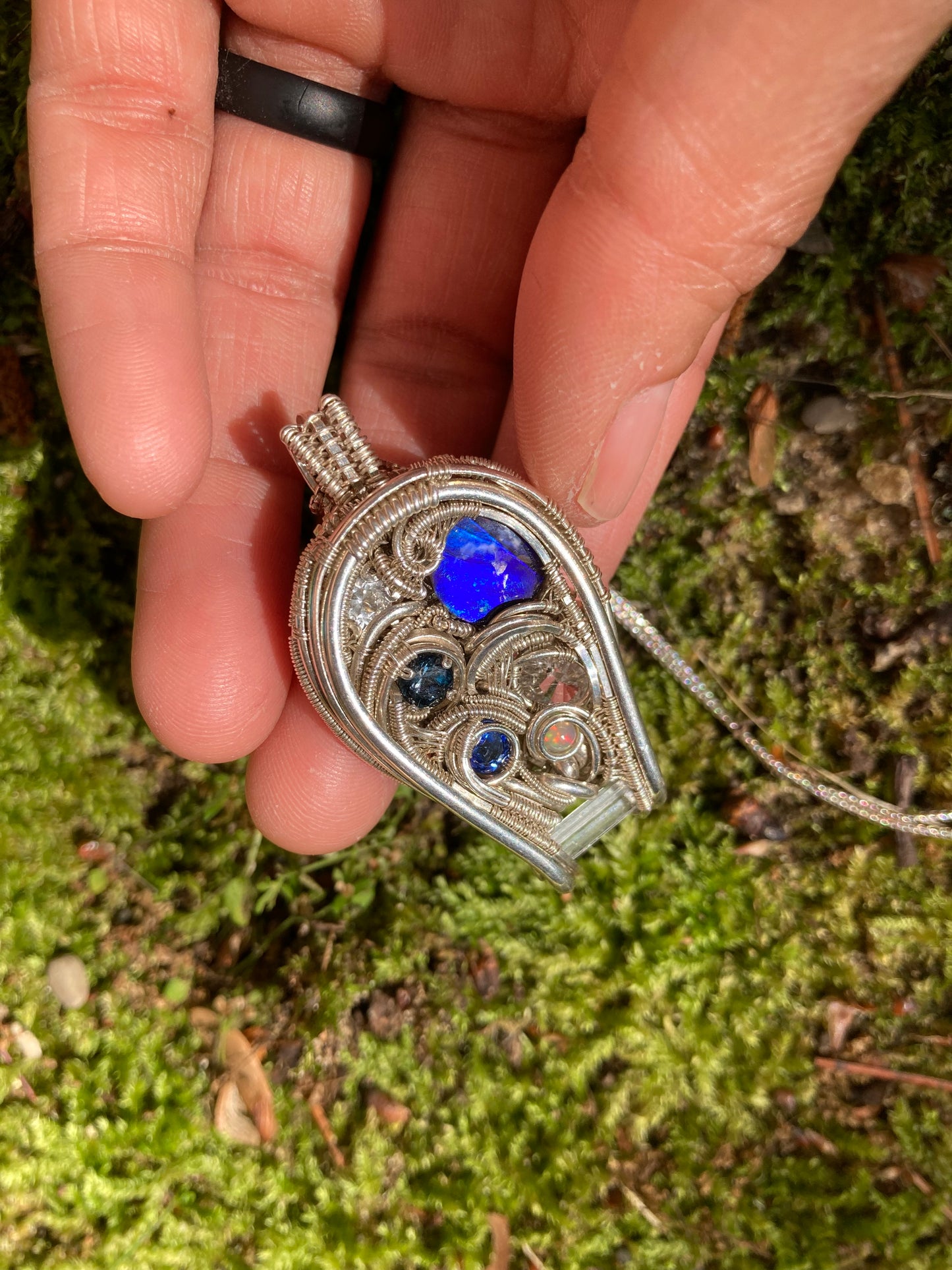 Silver Pendant W/ Ammolite, Kyanite, Quartz, Aquamarine, Topaz & Opal