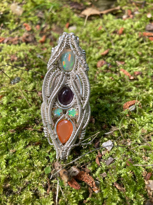Silver Pendant W/ Welo Opal, Amethyst & Carnelian
