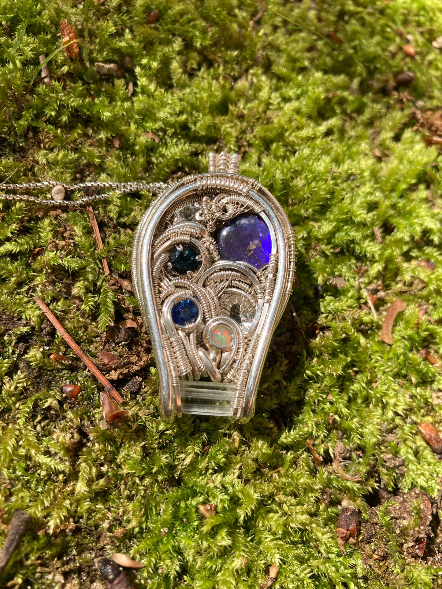Silver Pendant W/ Ammolite, Kyanite, Quartz, Aquamarine, Topaz & Opal