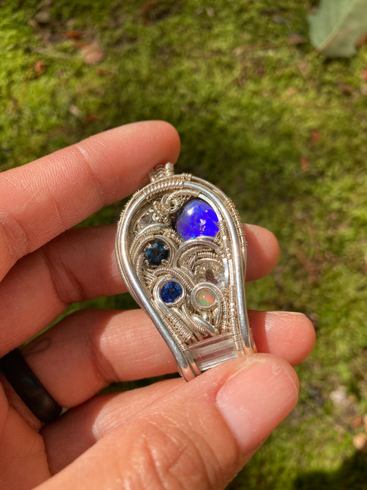 Silver Pendant W/ Ammolite, Kyanite, Quartz, Aquamarine, Topaz & Opal