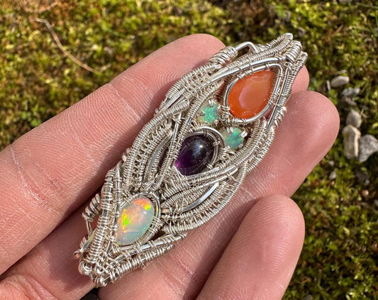 Silver Pendant W/ Welo Opal, Amethyst & Carnelian